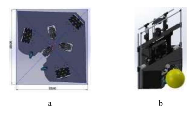 Fig. 2. (a) Base design on the robot keeper BARELANG63 (b) BARELANG63 Robot Goalkeeper Design for RoboCup