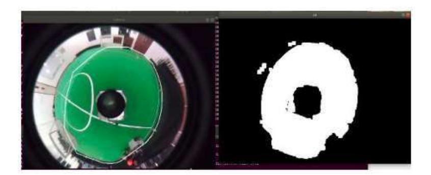 Fig. 7. The left side is the original view on the omnidirectional camera and the right side is the field contour