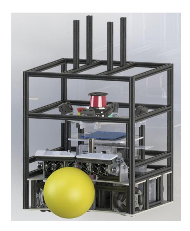 Computer image of the 2022 robot of Robot Club Toulon Team, and picture of the robot.