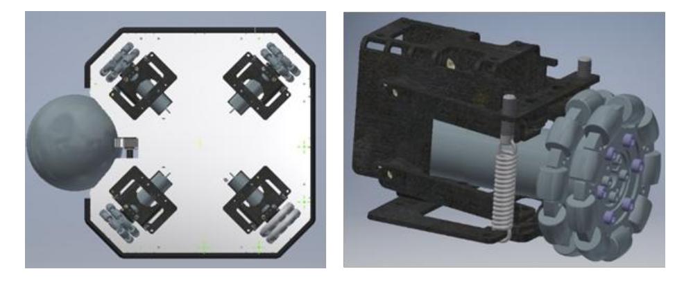 Fig. 2. New wheel configuration (left) and detail of wheel unit with suspension (right).