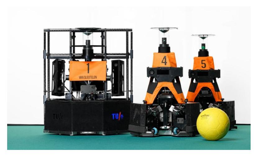 Fifth generation TURTLE robots, with the goalkeeper on the left-hand side. (Photo by Bart van Overbeeke)