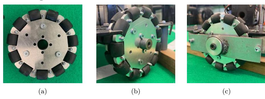 Fig. 1: Omni-Wheels: (a) One wheel assembled; (b) Wheel mounted on the robot; (c) Wheel with the outside bearing.