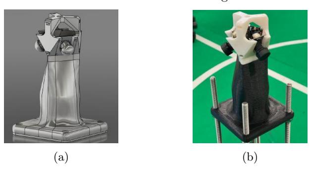 Fig. 3: New Vision System: (a) 3D CAD; (b) 3D printed part, with all 3 cameras installed.