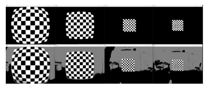 Fig. 7: Camera intrinsic parameter discovery process. Upper images: Simulated camera images. Lower images: Real-world images captured at different distances. The developed code facilitated accurate alignment between simulated and realworld perspectives.
