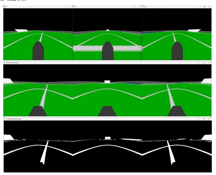 Fig. 8: Image processing pipeline. Top row: Three raw camera images captured without any filter or lens deformation. Middle row: Lens deformation applied to the images, followed by concatenation to form a panoramic view. Bottom row: Binary filter applied to the concatenated image to enhance feature detection and segmentation.