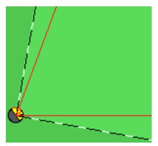 Fig. 1. View range of the agent in the next cycle is the area that is determined by the light green, so the main range of the rule is the area between the red lines.