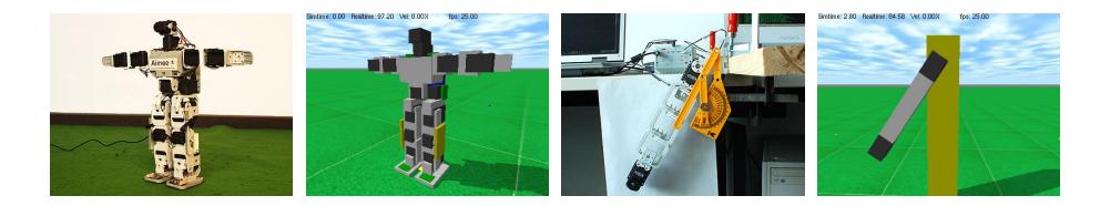 Fig. 4: Real and simulated world (left to right): Real Bioloid, Simulated Bioloid, Real servo motor torque and friction experiment setup, Simulation experiment setup.
