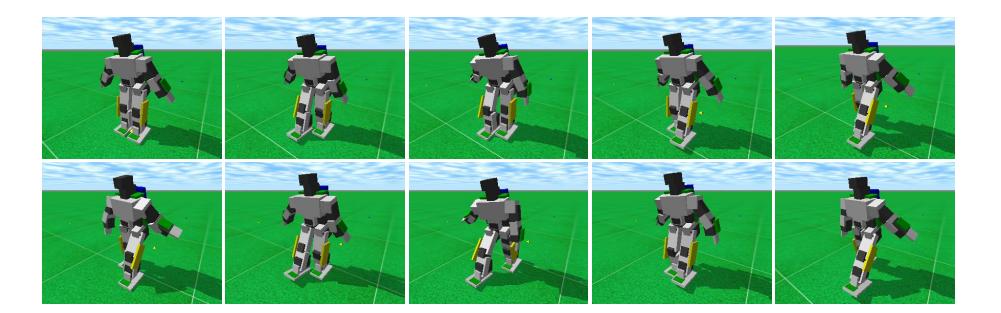 Fig. 7: Example of an evolved walking pattern. The displayed motion reaches a walking speed of about 0.45m/s, which corresponds to a human walking speed of approx. 7km/h.