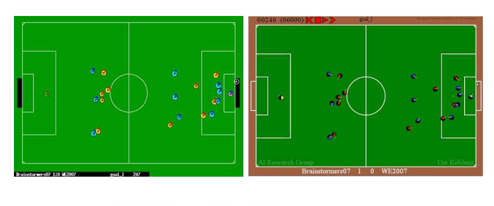 Fig. 4. Different approaches to visualize soccer simulation 2D matches: standard soccer monitor (rcssmonitor, top left), animation by [5] (top right), and rcg2swf (bottom).