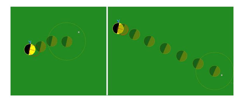 Fig. 4. Screenshot showing the performance of the A* planner. Left: Creation of a shortterm plans using all dash-directions. Right: Creation of a longterm plan by turning first, and then dashing forward (the half transparent players indicate the expected positions in the future when following the plan).
