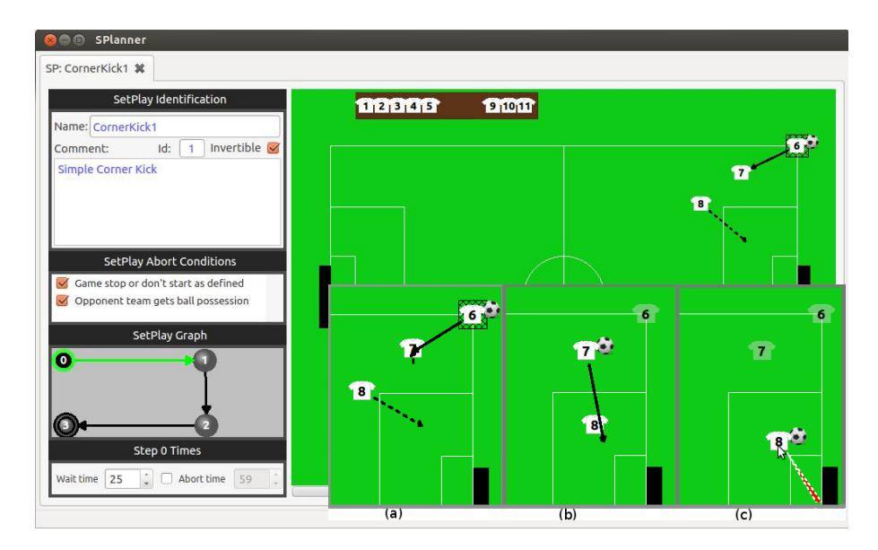 Fig. 1 - Setplay definition tool - SPlanner - and example of Setplay steps (bottom).