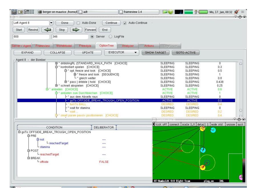 development tool (ADT) showing a live fragment of behavior tree and the internal state of the double pass architecture