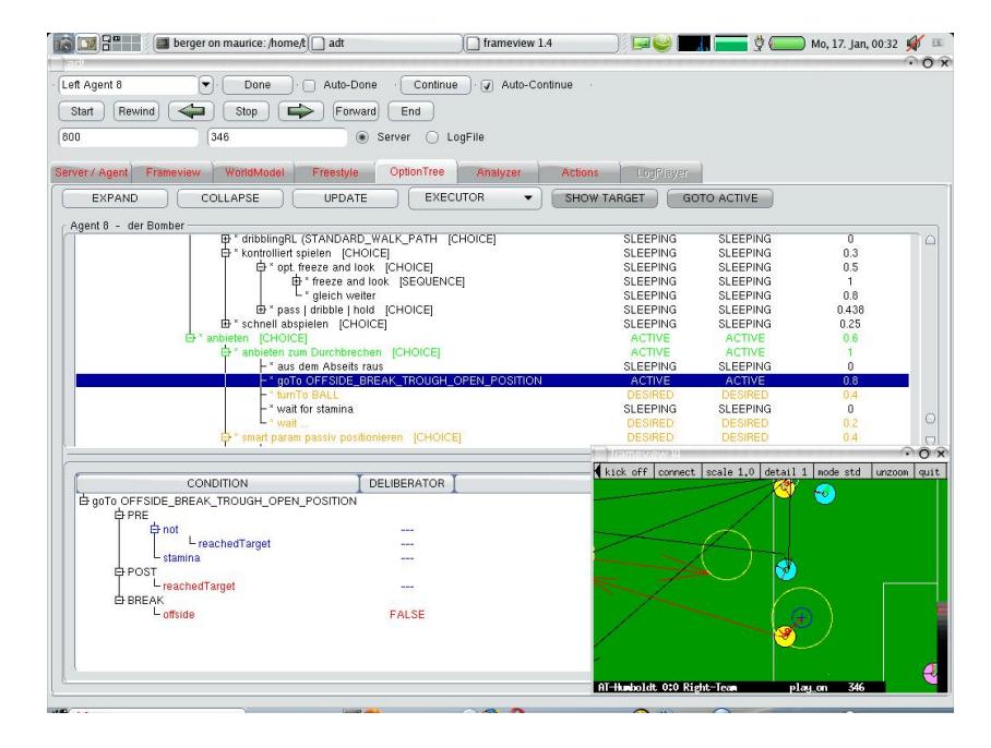 Fig. 6. development tool for the 2D-agent (ADT) showing a live fragment of the behavior tree and the internal state of the double pass architecture