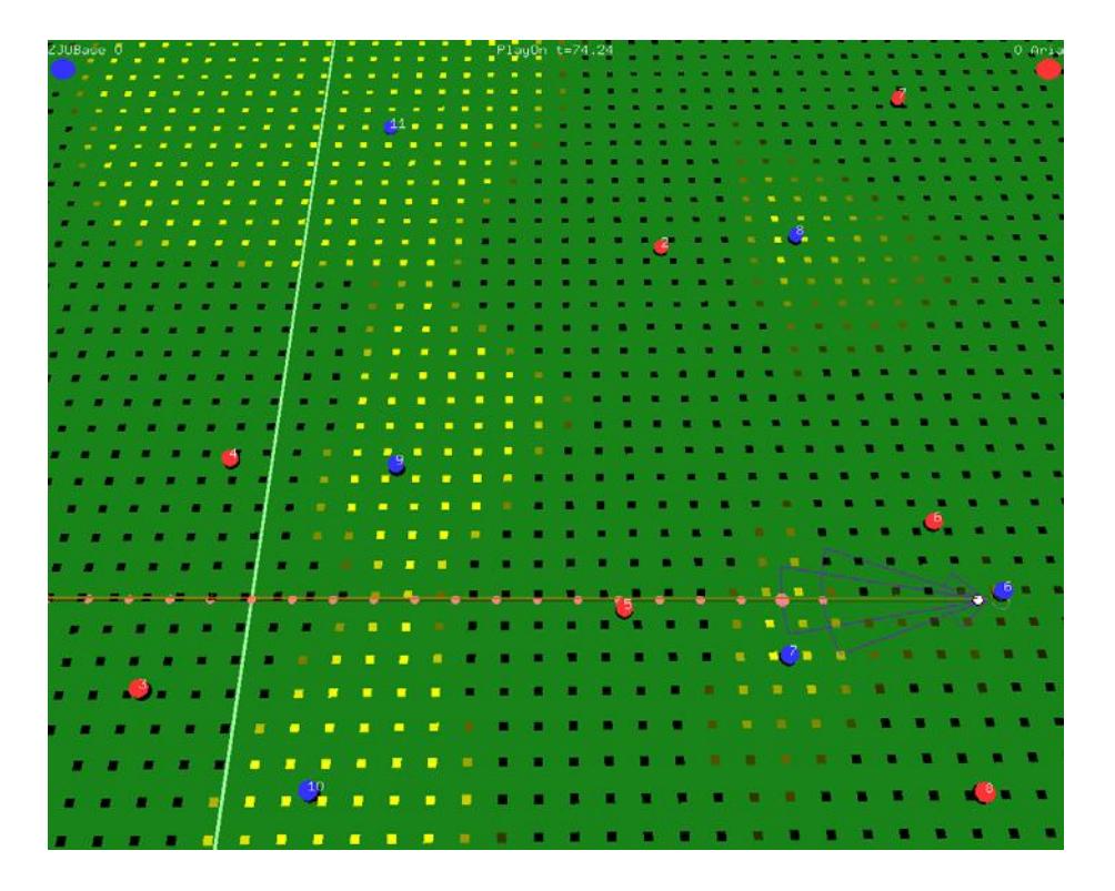 The effect of the pass evaluation formula. The colored small points on the green field illustrate the pass points as candidates. The color of a pass point represents its numerical valuation. A brighter color denotes a higher valuation. Own side is the blue team and the opponents are in red.