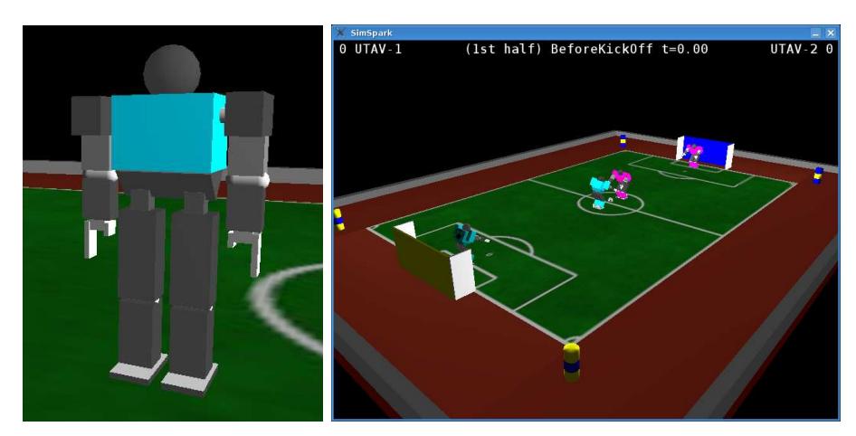 On the left is a screen shot of the robot, and on the right a view of a 2 versus 2 soccer game.