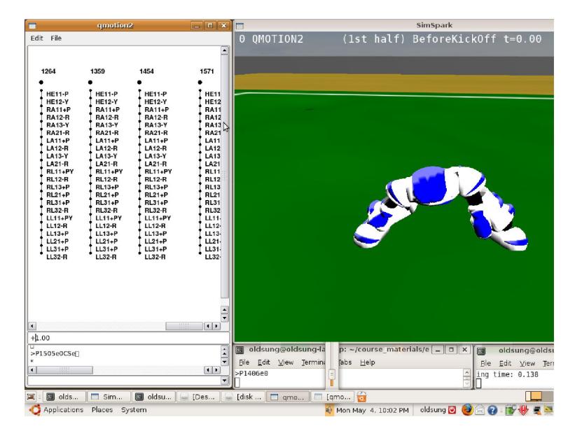 Fig. 2. Example for Qmotion2 used together with SimSpark. The x-axis in the Qmotion2 editor window represents time. The vertical black line with the dots represents the state of the robot at the time which is expressed in the number that is printed above the line. Each dot on each line represents one servo. The value of each servo can be seen and modified by mouse clicks. The widgets below allow to change the amplitude with which the motion pattern should be activated. Finally, the communication is displayed on the widget below and in the widget at the bottom of Qmotion2 editor window own HMDP commands can be written by hand and sent directly.
