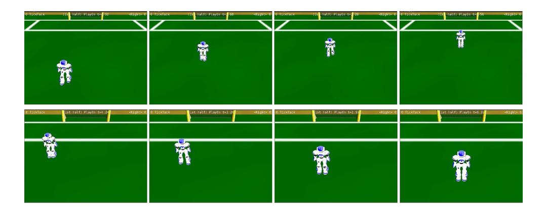 Fig. 4. Screenshots of the omnidirectional movement behaviors; The skew walking as a function of the direction of movement is depicted in upper for $\theta = 30°$ and lower panels for $\theta = 135°$, respectively. The agent moves from figures of right to ones of left.