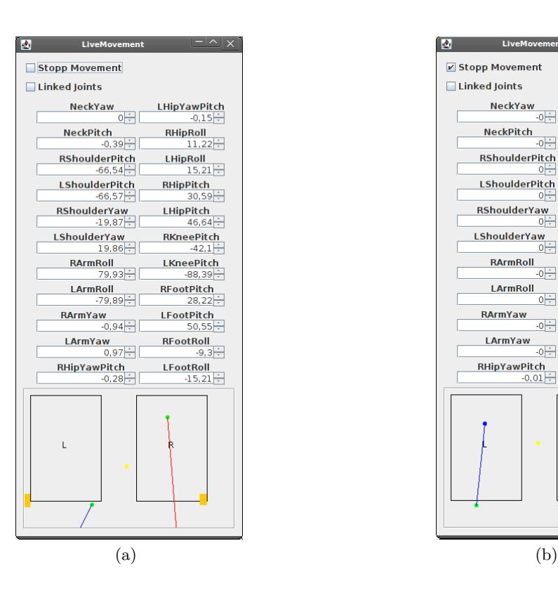 Fig. 5. The LiveMovement-GUI shows the actual Joint-Positions (upper part of the GUI), the force on both feet (blue line for the left, red line for the right foot. z value is the orange bar on the left and the right side of each foot), the so called foot-force-orign (green spot in each foot) and the calculated center of mass (yellow spot)