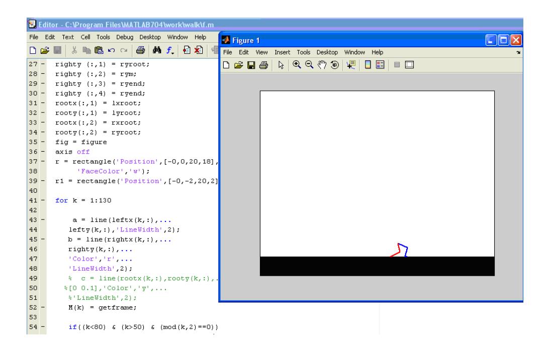 Fig. 3. Sample code and run snapshot of the walk trainer in MATLAB