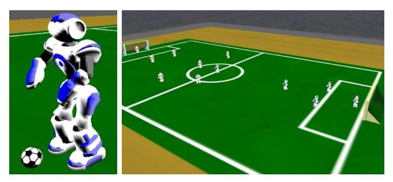 Figure 1. On the left is a screenshot of the Nao agent, and on the right a view of the soccer field during a 6 versus 6 game.