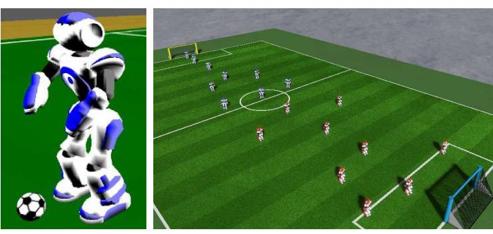 On the left is a screenshot of the Nao agent, and on the right a view of the soccer field during a 9 versus 9 game.