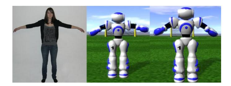 Example of a motion created life by interaction with a Kinect. Left the human motion, middle Nao robot using forward kinematics, right Nao robot using inverse kinematics.