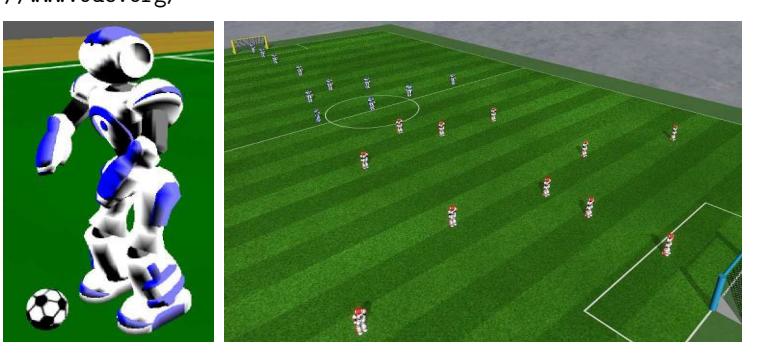 Figure 1. On the left is a screenshot of the Nao agent, and on the right a view of the soccer field during a 11 versus 11 game.