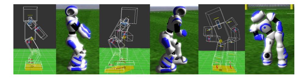 Fig. 2. Walk as an application of the TcMF. Image one and two: Nao upright. Image three and four: walking with 30 degrees forward leaning. Image five and six: walking with 20 degrees sideward leaning.
