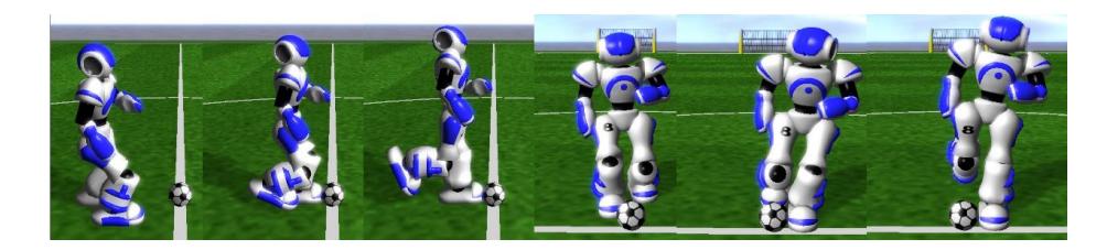 Fig. 3. Stop on one leg as an application of the TcMF. First image: end of final step motion. Second image: end of get on leg motion. Third image: end of balance on leg motion. Fourth to Sixth image: same from front.
