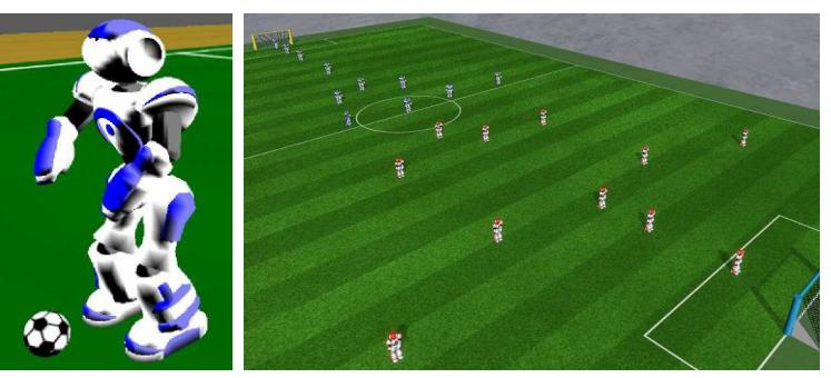 On the left is a screenshot of the Nao agent, and on the right a view of the soccer field during a 11 versus 11 game.