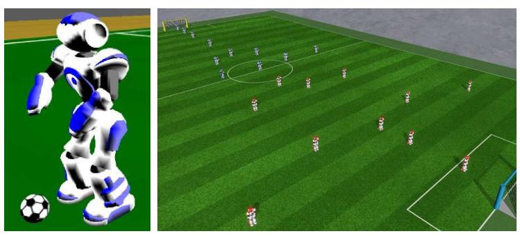 On the left is a screenshot of the Nao agent, and on the right a view of the soccer field during a 11 versus 11 game.