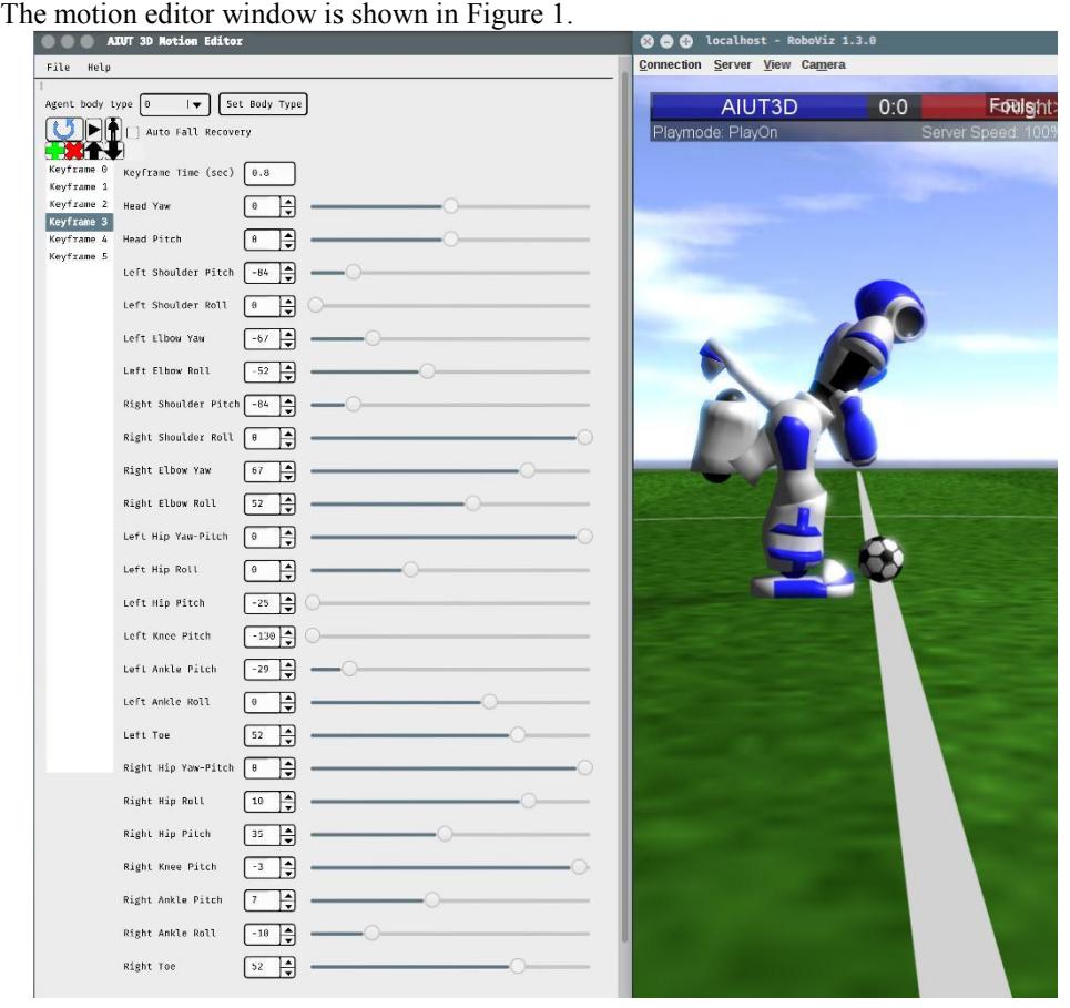 Figure 1. AIUT3D motion editor screenshot (left) and roboviz monitor (right).