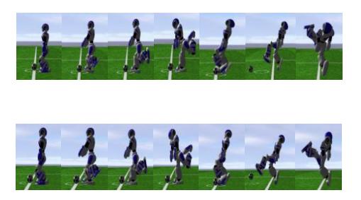 The kick motion. The first row of figures shows the original kick motion. The second row shows the learned kick motion. Both motions are visually indistinguishable.