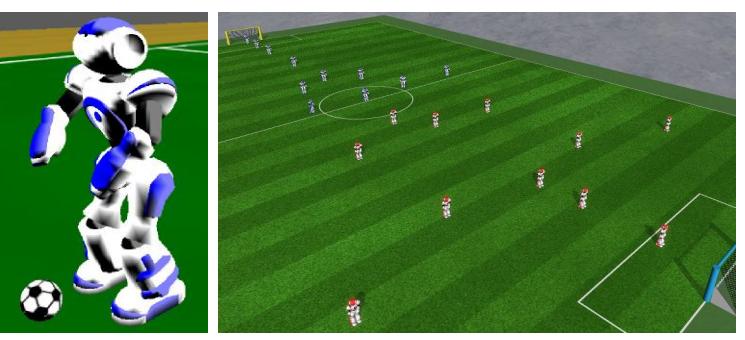 On the left is a screenshot of the Nao agent, and on the right a view of the soccer field during a 11 versus 11 game.