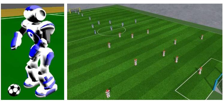 Figure 1. On the left is a screenshot of the Nao agent, and on the right a view of the soccer field during a 11 versus 11 game.