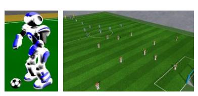 On the left is a screenshot of the Nao agent, and on the right a view of the soccer field during a 11 versus 11 game.