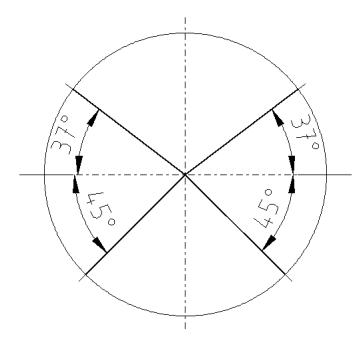 Calculation of wheel speeds. (a) $v^0$ to $v^3$ are the wheel speeds, derived from the desired omnidirectional robot speed (x, y, r). The wheels are enumerated counterclockwise beginning at the front left wheel. For our robot: $\varphi = 37°$ and $\theta = 45°$. (b) Angles of wheel axis.
