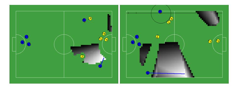 Fig. 8. Two example passing situations are shown with the passing evaluation metric overlaid. The values are shown in grayscale where black is zero and the maximum value is white. Values less than 0.5% of the maximum are not drawn. The maximum value is indicated by the line extending from the supporting robot.