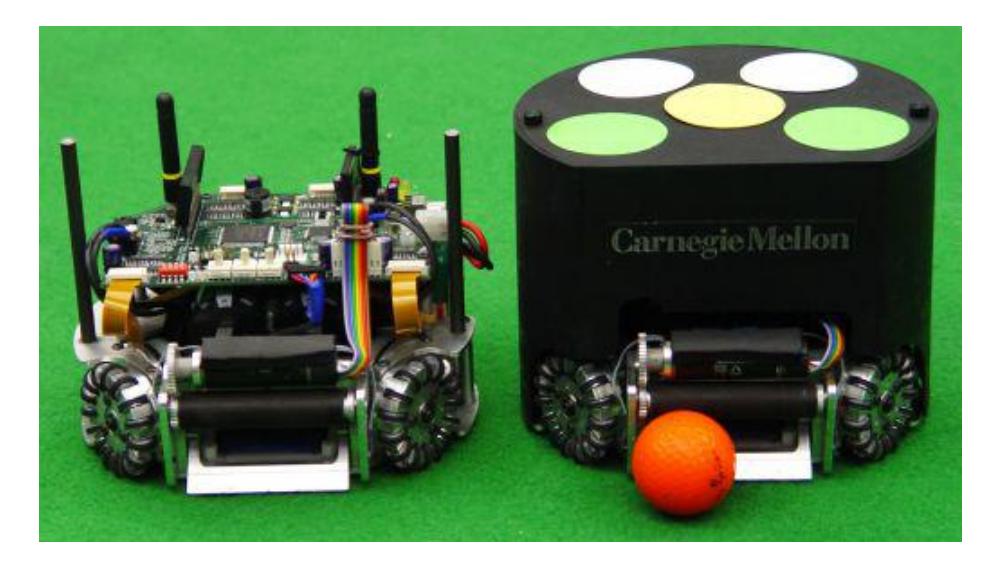 Fig. 1. A CMDragons robot shown with and without protective cover.