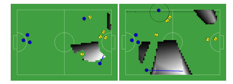 Two example passing situations are shown with the passing evaluation metric overlaid. The values are shown in grayscale where black is zero and the maximum value is white. Values less than 0.5% of the maximum are not drawn. The maximum value is indicated by the line extending from the supporting robot.