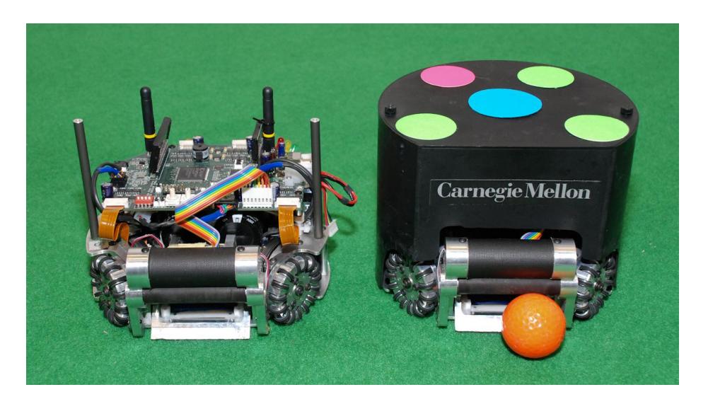 A CMDragons robot shown with and without protective cover.