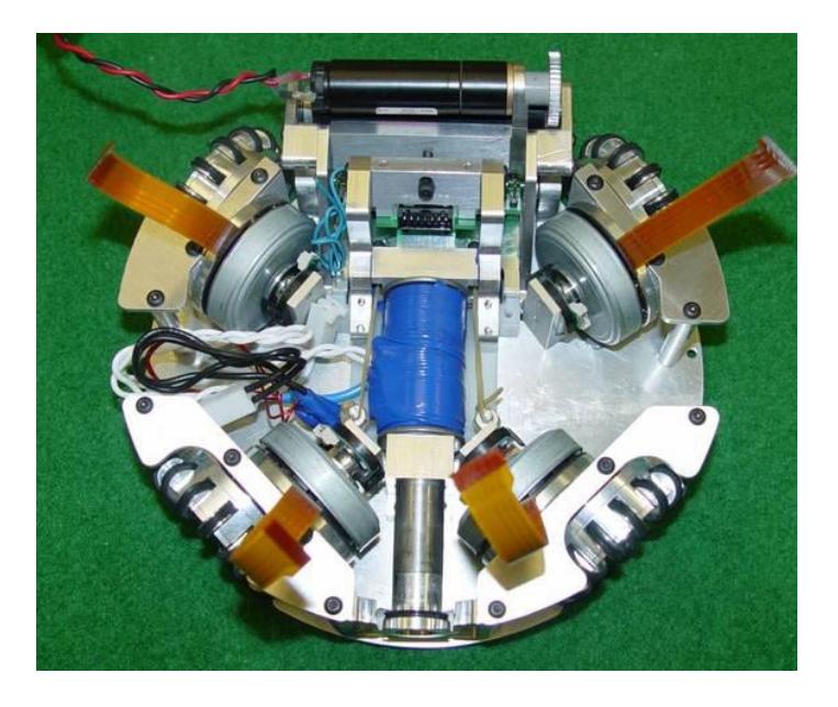 Top view of the robot drive system, kicker, and dribbler.
