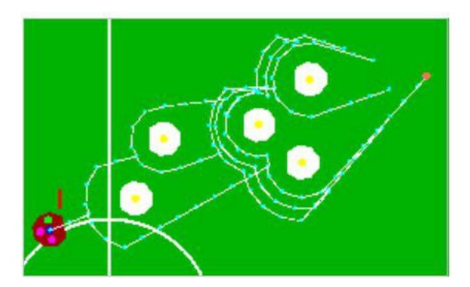 The tree finds the goal avoiding multiple obstacles