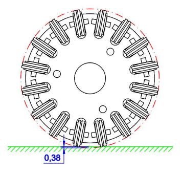 Fig. 2. Wheel drawing, showing the amplitude of the vibration it causes (in blue)
