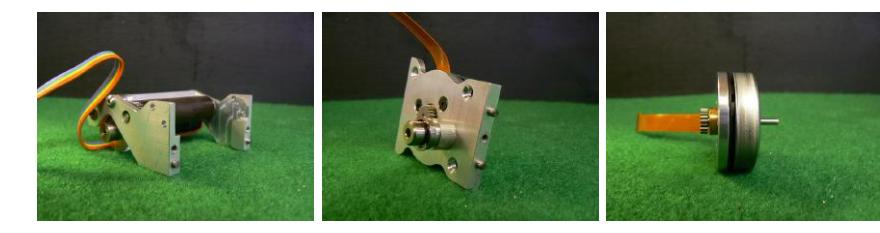 From right to left, (a) dribbler, (b) drive module, and (c) modified drive motor