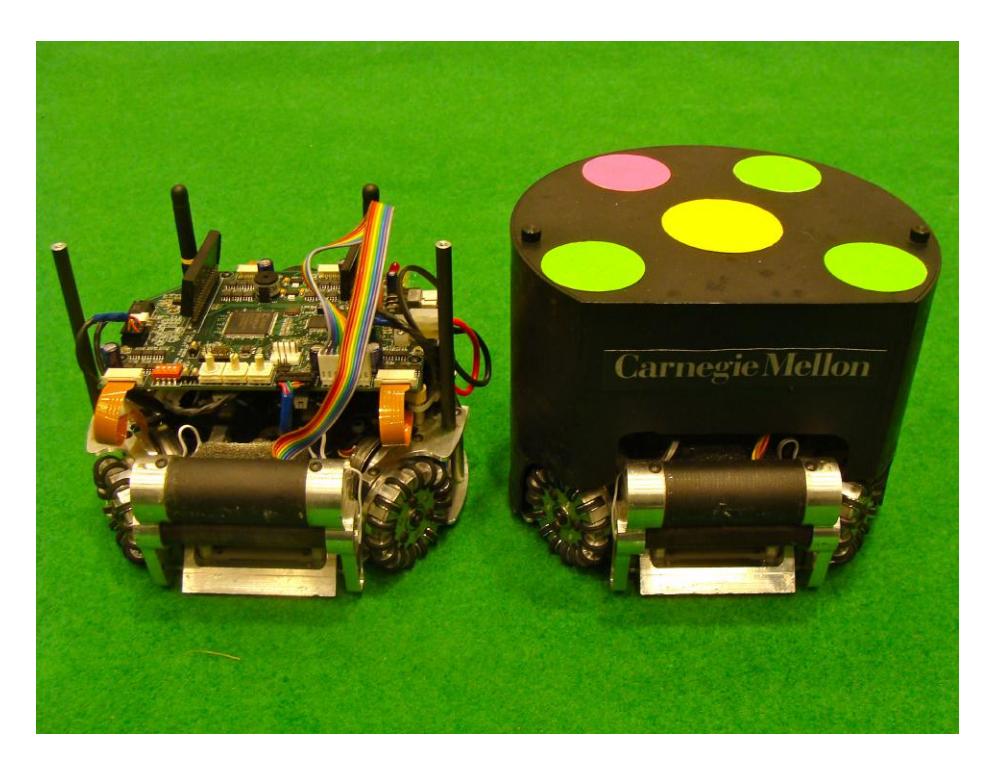 Fig. 1. A CMDragons robot shown with and without protective cover.