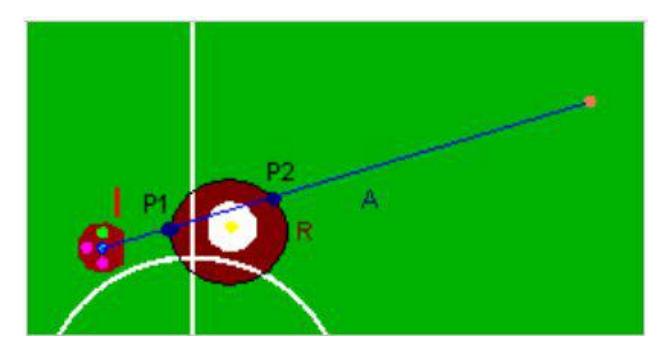 Collision detection of a circular obstacle and the robot 1 trying to reach the ball