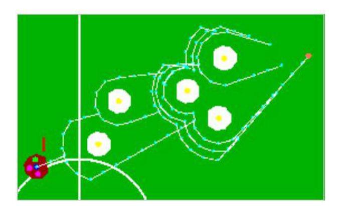 The tree finds the goal avoiding multiple obstacles