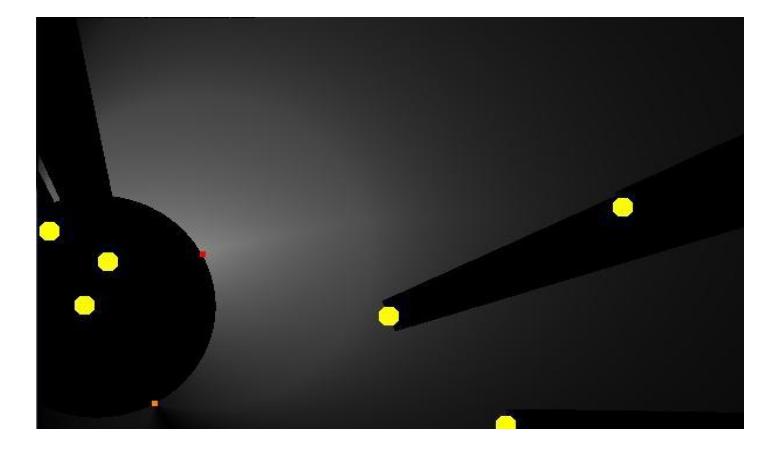 Figure 1: An example of evaluated field points for receiving pass from where the ball is located (the orange rectangle down left). Yellow circles are robots. Brighter points have more value. The red rectangle has maximum value and is the answer of the evaluation function