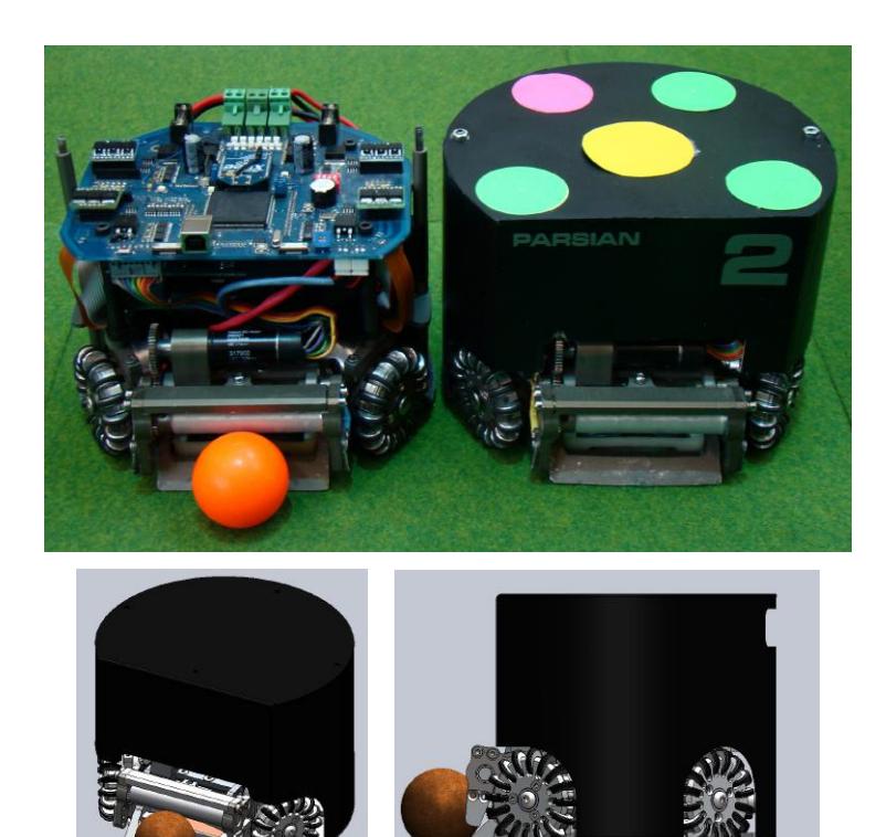 Fig. 2. Our current robots with and without cover (Top) 3D CAD model (left) and side view (right)
